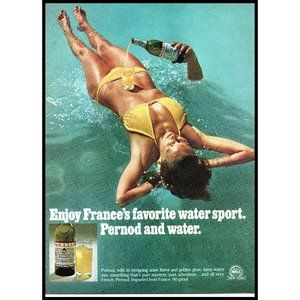 1976 Pernod Anise Liqueur Vintage Print Ad Brunette Yellow Bikini Pool Wall Art